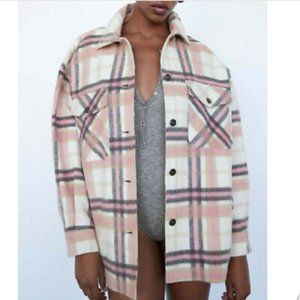 Zara Wool blend pink plaid shacket XS NWT